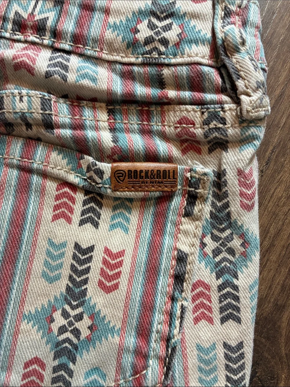 Girl’s Rock & Roll Denim Aztec Print Flared Pants in Cream, Coral & Teal
